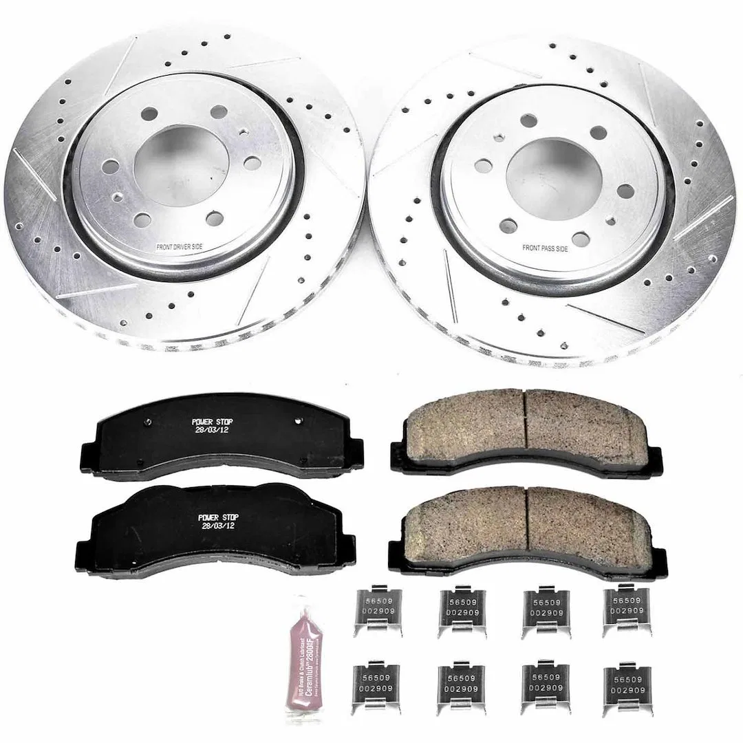 K3167 – POWERSTOP Brake Kit, Carbon Fiber Ceramic Brake Pads 13.78 Inch Silver Zinc Plated Cross-Drilled And Slotted ...